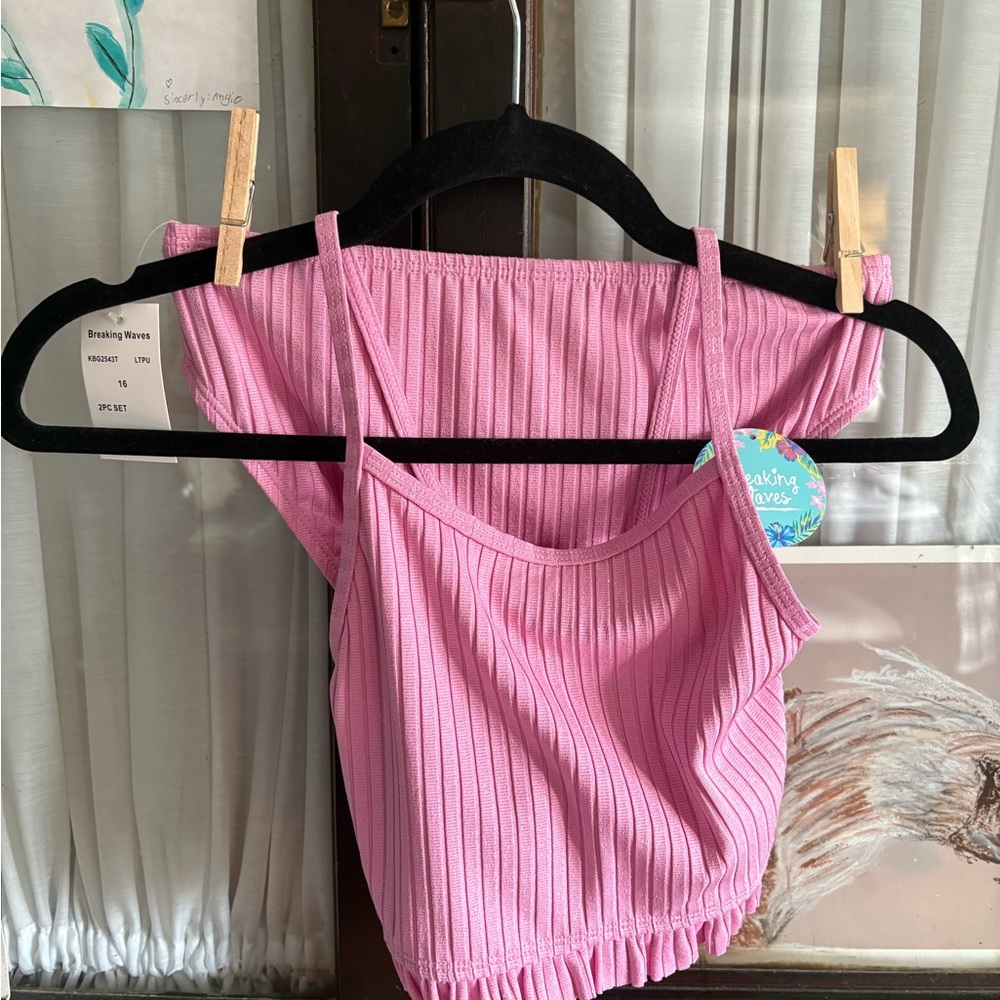Ribbed Breaking Waves Pink tank swimsuit